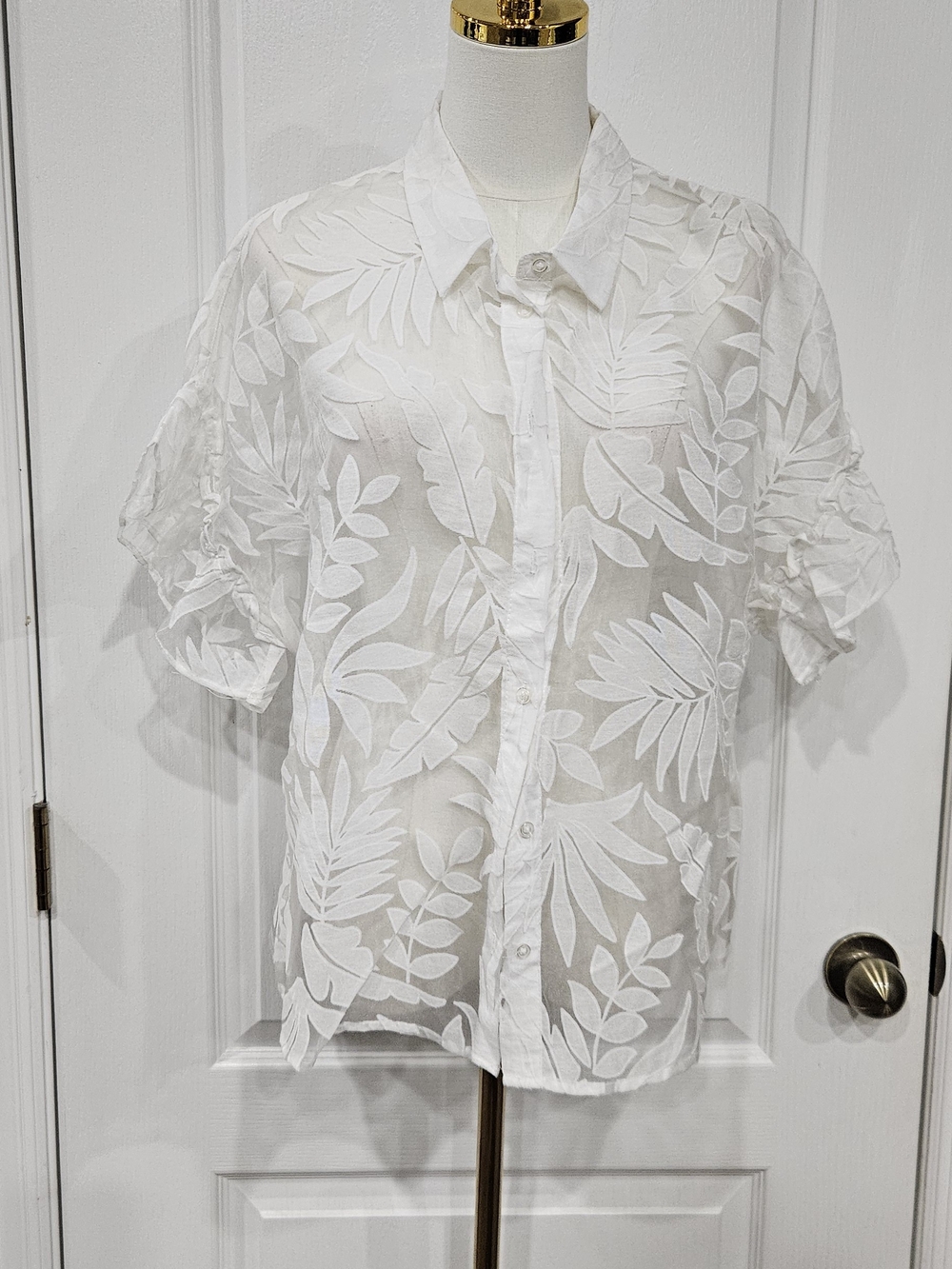 a new day White Sheer Button-Down Shirt with Leaf Appliqué